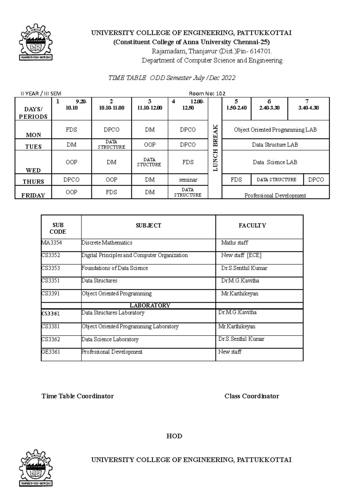 TIME Table ODD july dec 2022 - UNIVERSITY COLLEGE OF ENGINEERING ...