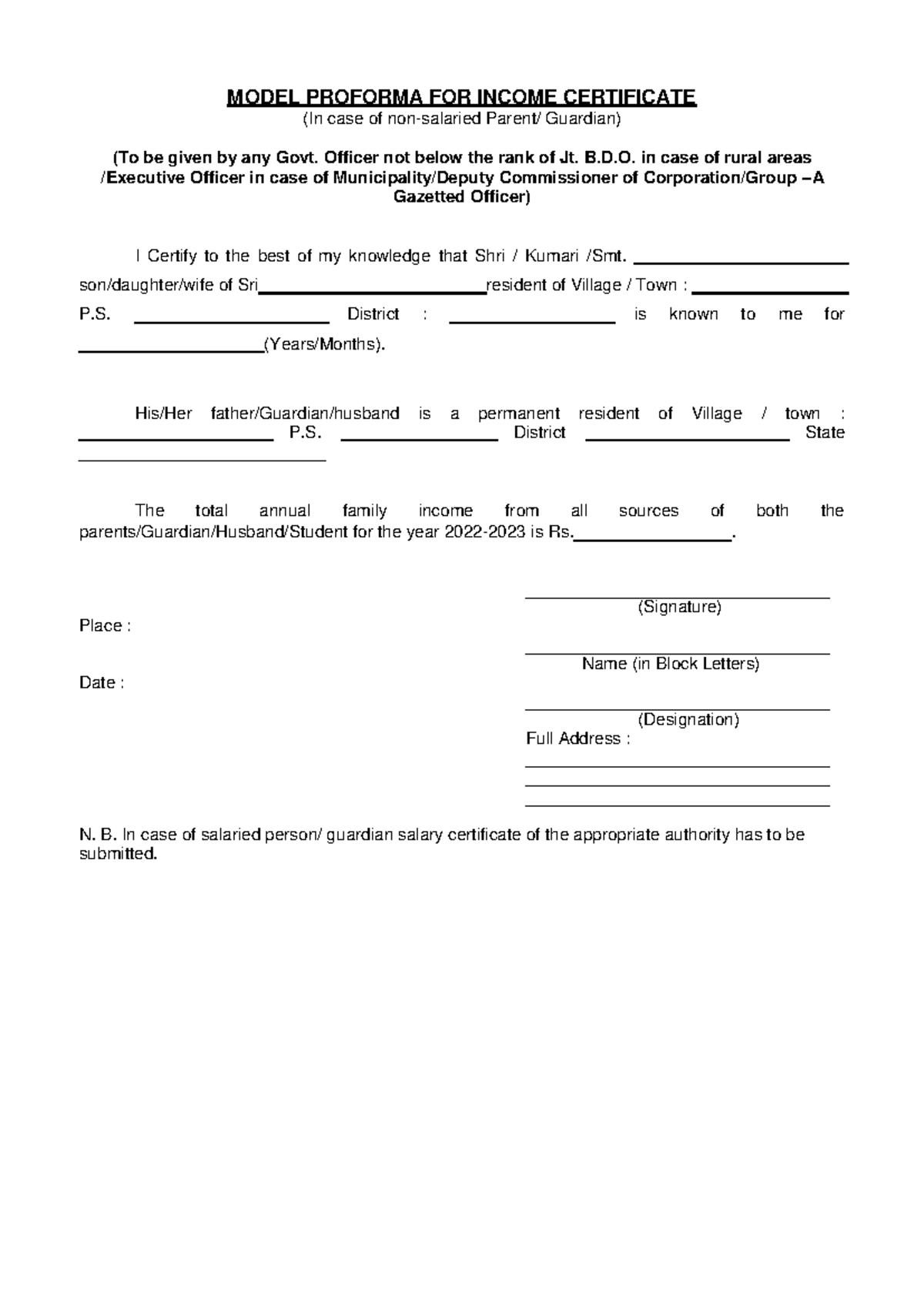 Model Proforma For Income Certificate Model Proforma For Income