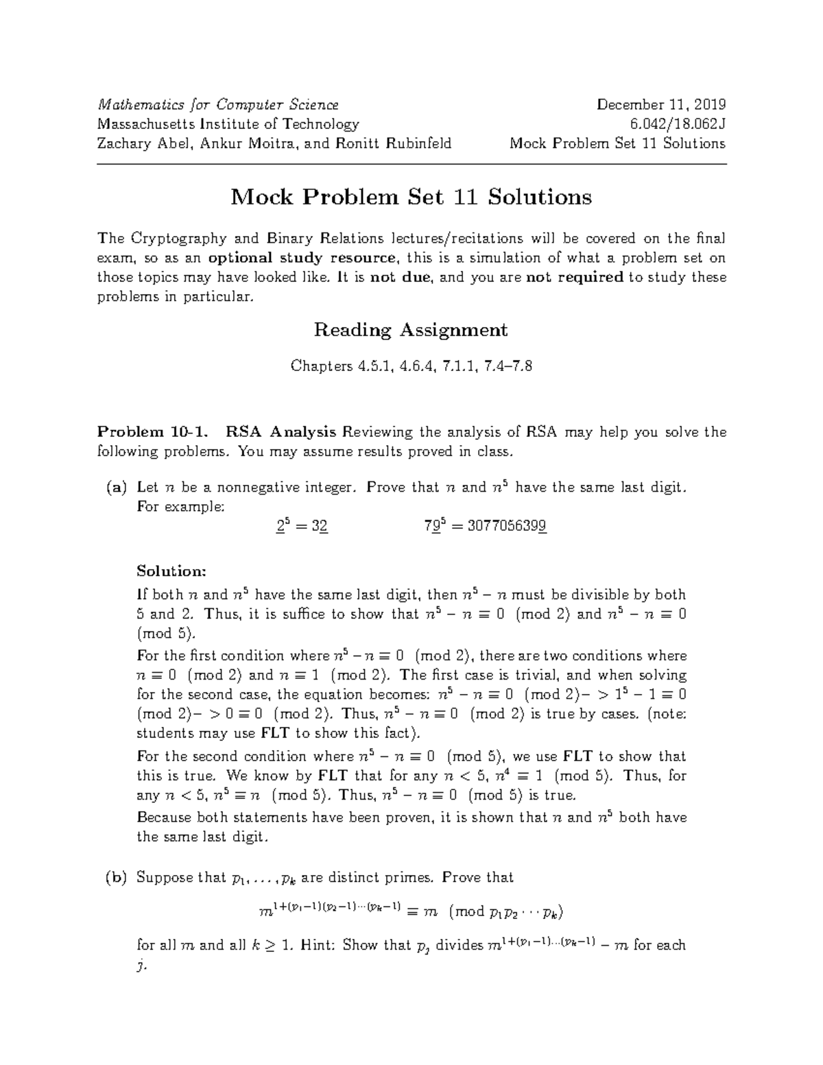 Problem Set 11 Solutions - Mathematics for Computer Science December 11 ...