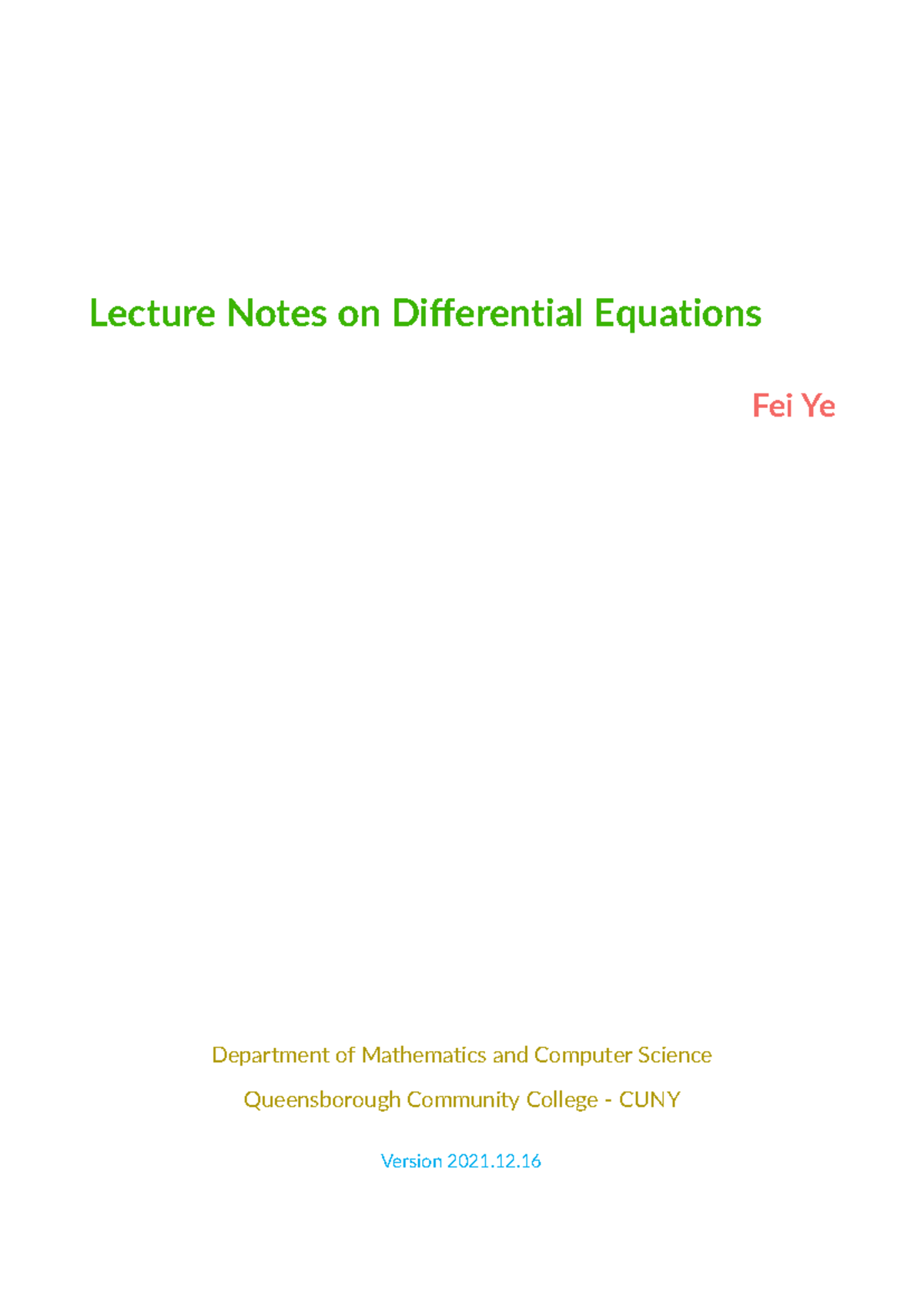 Main - DE notes - Lecture Notes on Differential Equations Fei Ye ...