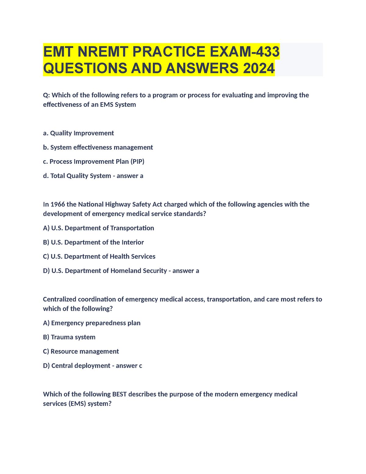 EMT NREMT Practice EXAM433 Questions AND Answers 2024 EMT NREMT