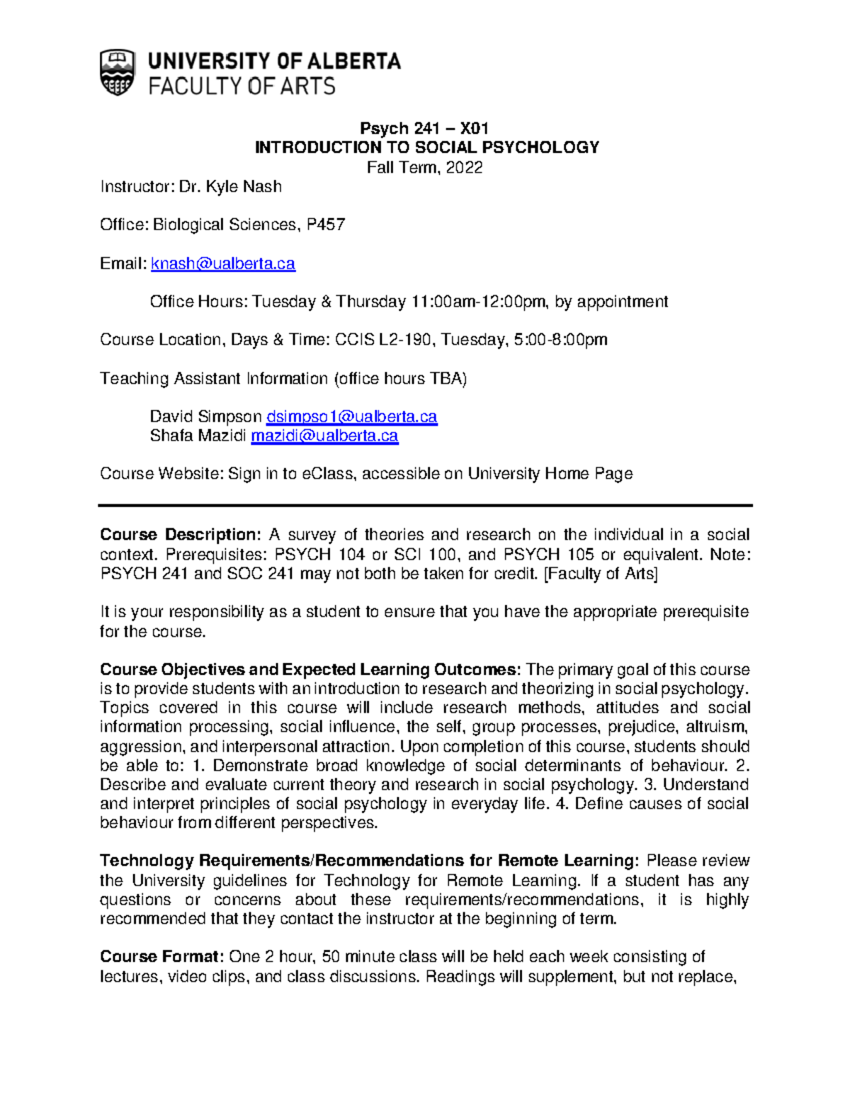 Psyco 241 Course Syllabus Fall 2022 X01 - Psych 241 – X INTRODUCTION TO ...