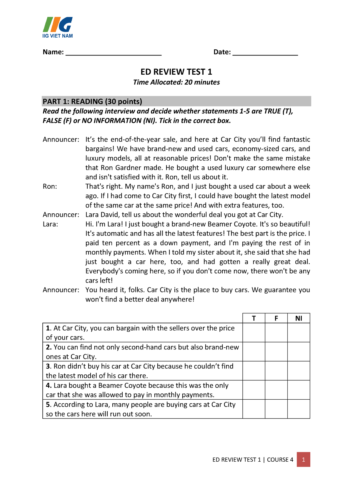 1 ED Review Test 1 - Easy - ED REVIEW TEST 1 | COURSE 4 1 Name