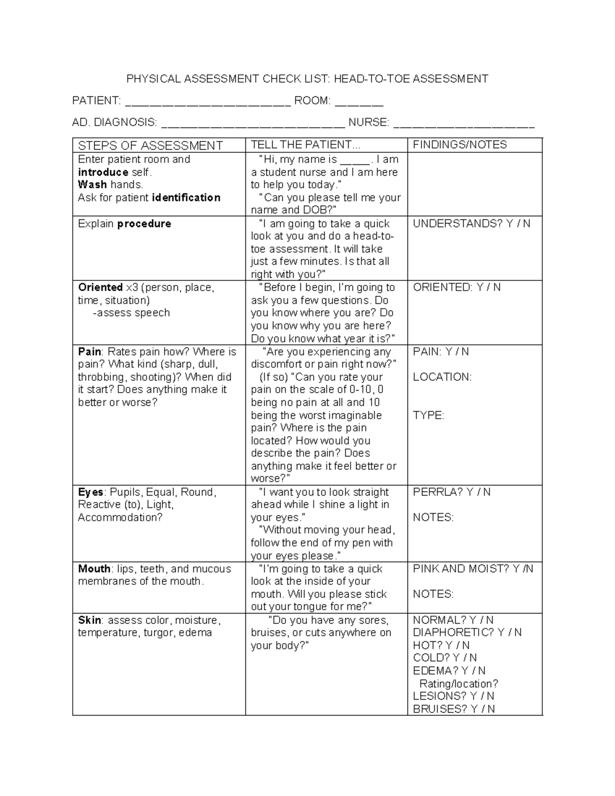 Physical Assessment Check LIST - PHYSICAL ASSESSMENT CHECK LIST: HEAD ...