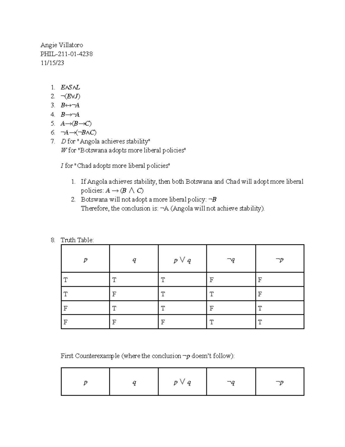 #5 homework - Angie Villatoro PHIL-211-01- 11/15/ 1. 𝐸∧𝑆∧𝐿 2. ¬(𝐸∨𝐽) 3 ...