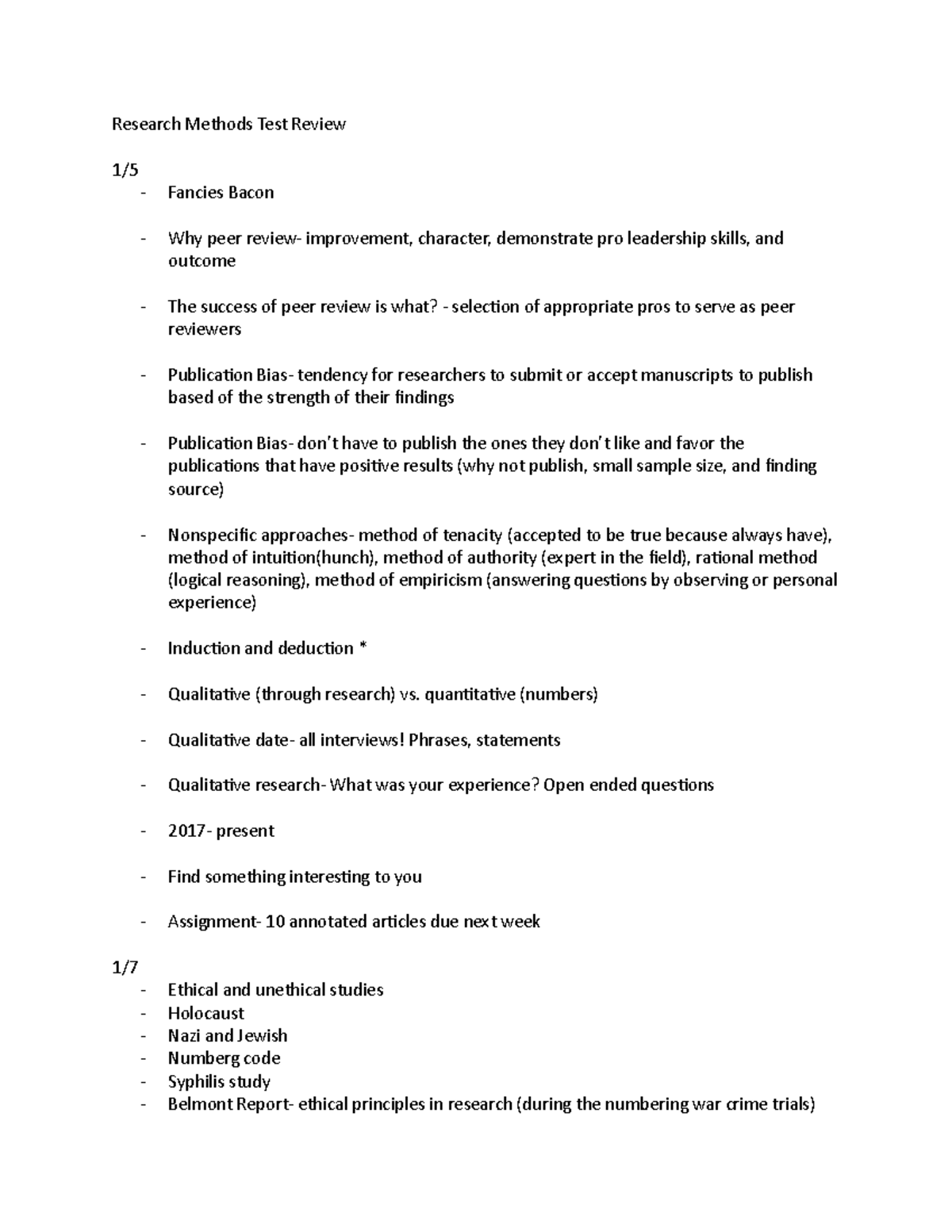 Research Methods- 1:5 - notes - Research Methods Test Review 1 ...