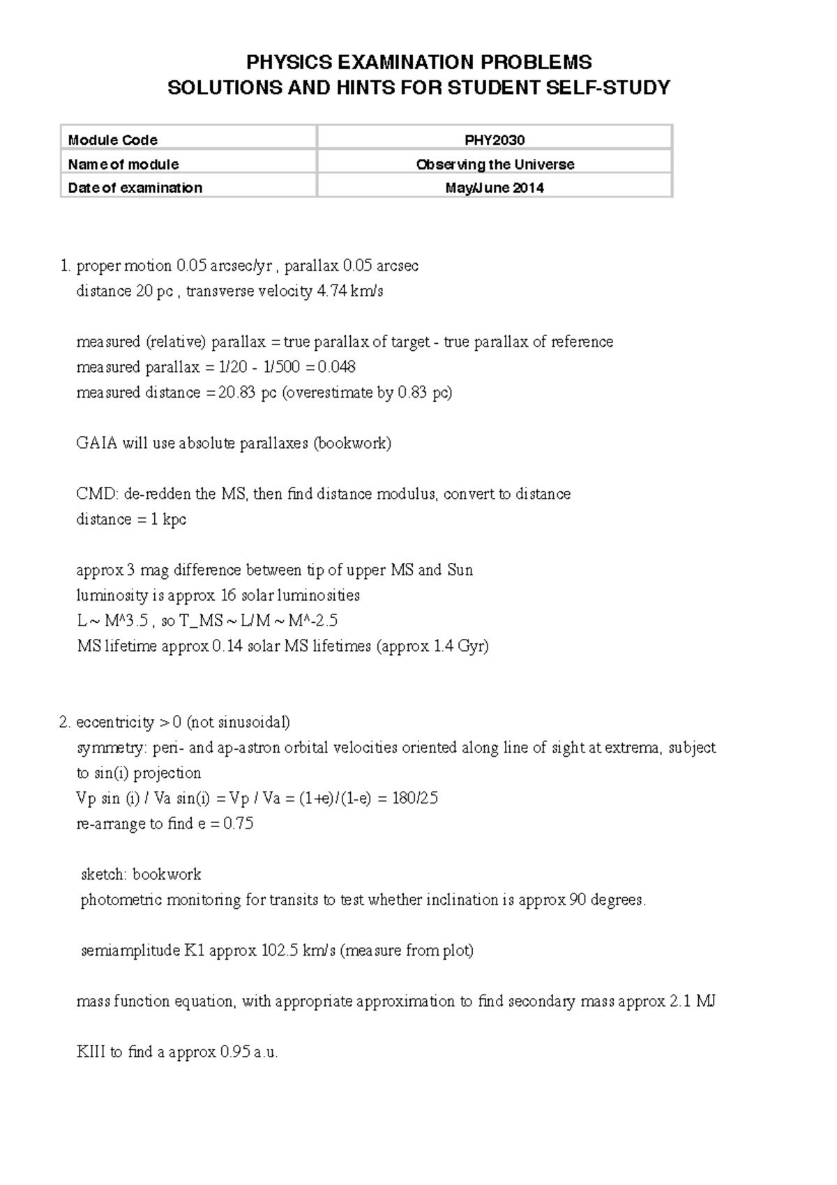 Exam 2014, answers - PHYSICS EXAMINATION PROBLEMS SOLUTIONS AND HINTS ...