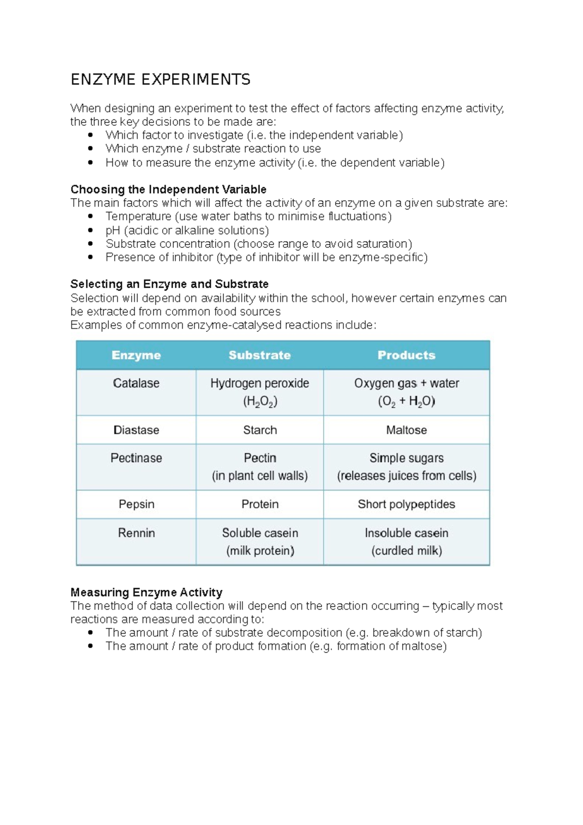 Molecular Biology Notes BIO enzyme experiments ENZYME EXPERIMENTS