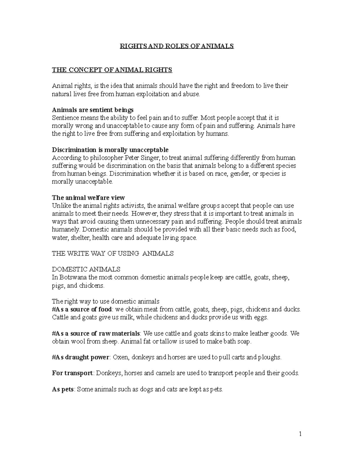 Edited Rights AND Roles OF Animals - RIGHTS AND ROLES OF ANIMALS THE ...