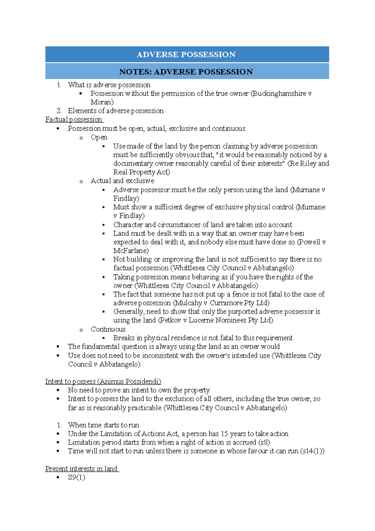 Exam Revision - ADVERSE POSSESSION NOTES: ADVERSE POSSESSION What Is ...