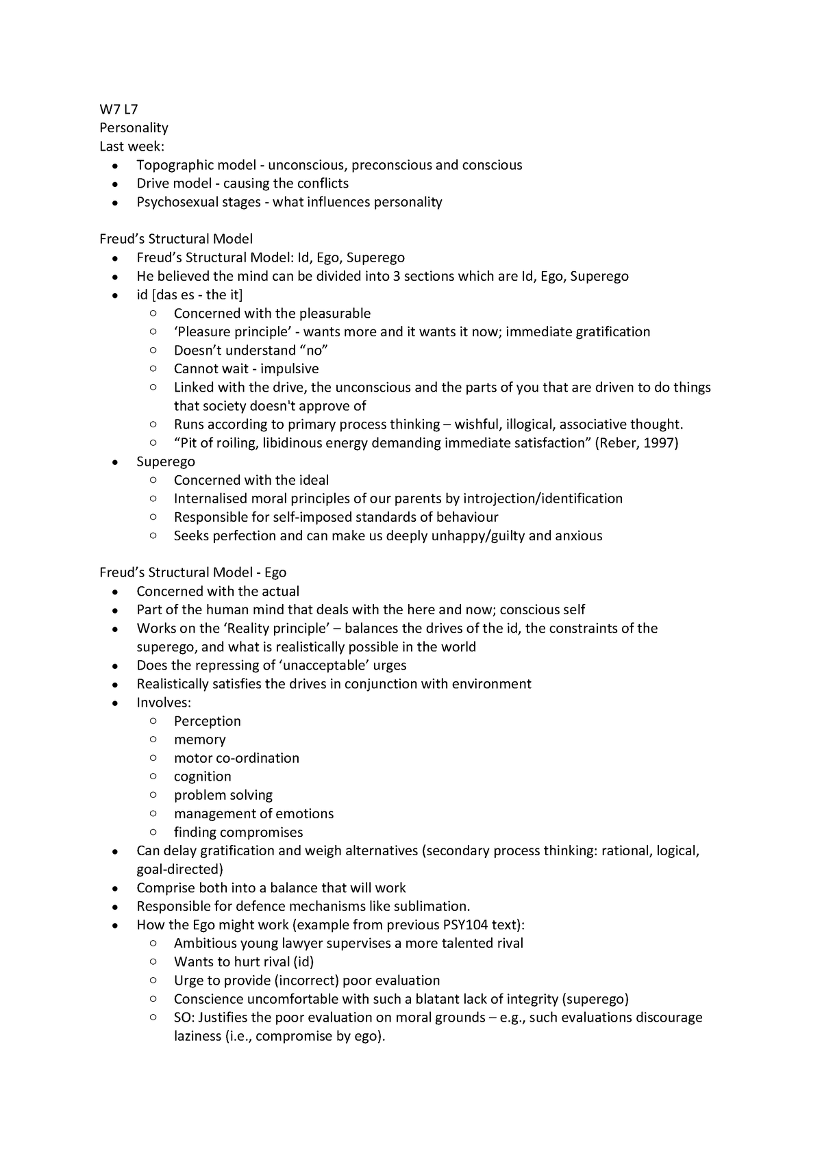 W7 L7 - Detailed lecture notes - W7 L Personality Last week ...