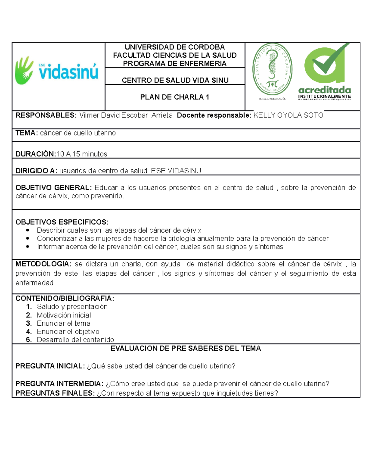 PLAN Charla Cancer De Cuello Uterino - UNIVERSIDAD DE CORDOBA FACULTAD ...