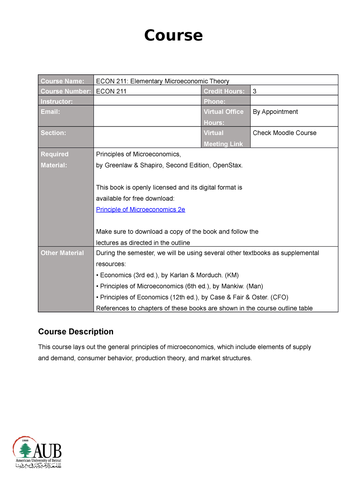 Syllabus ECON211 - Course Name: ECON 211: Elementary Microeconomic ...