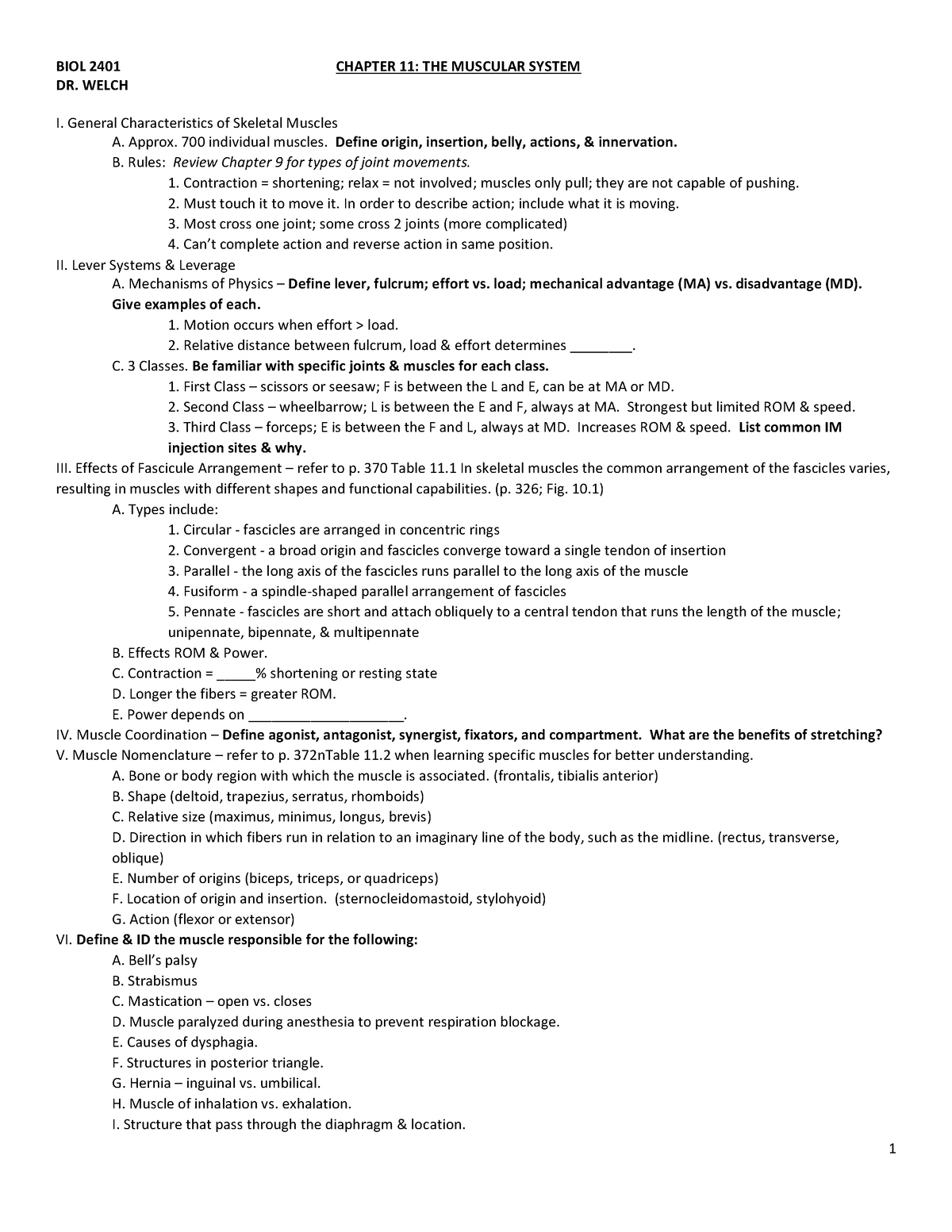 BIOL 2401 Chapter 11 - 1 BIOL 2401 CHAPTER 11: THE MUSCULAR SYSTEM DR ...