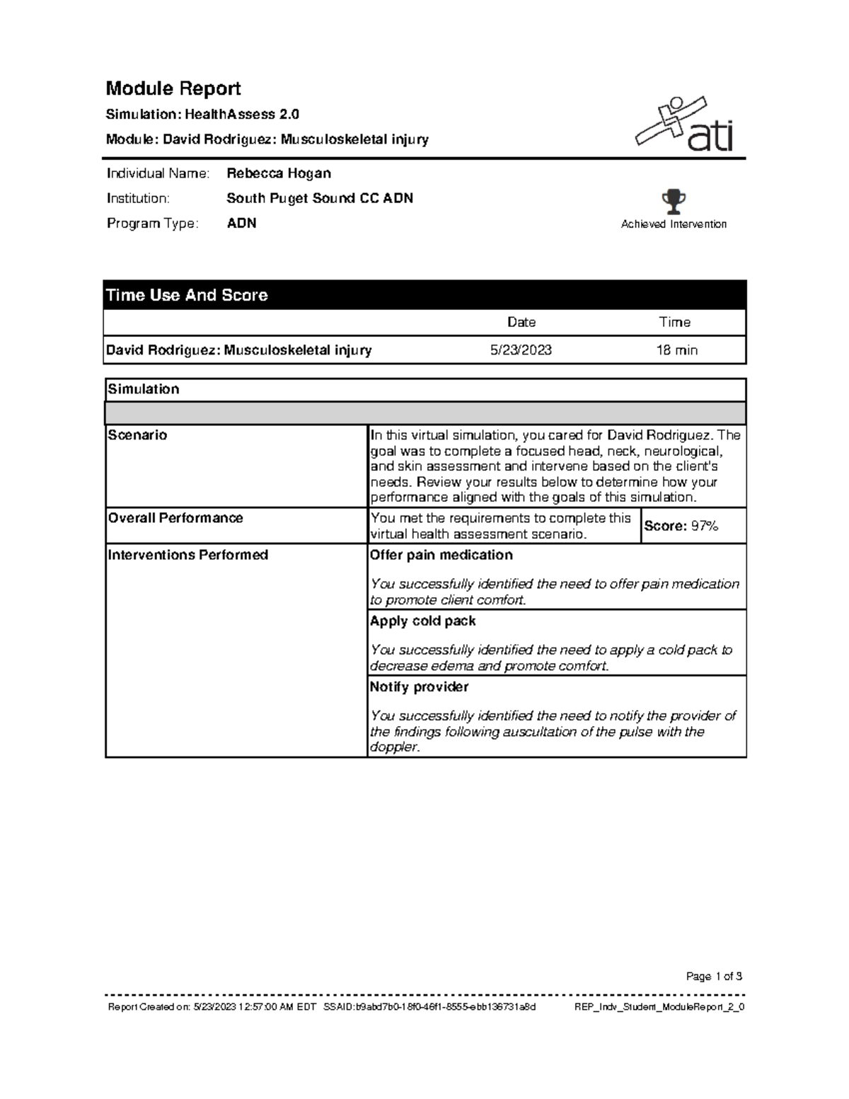 ATI Health Assess 2.0 David Rodriguez Module Report Achieved