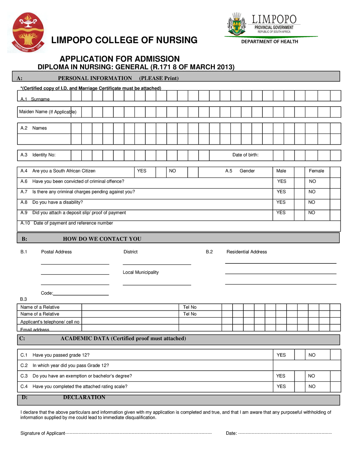 Application Form R171 Diploma 1 Limpopo College Of Nursing Department Of Health Application 5243