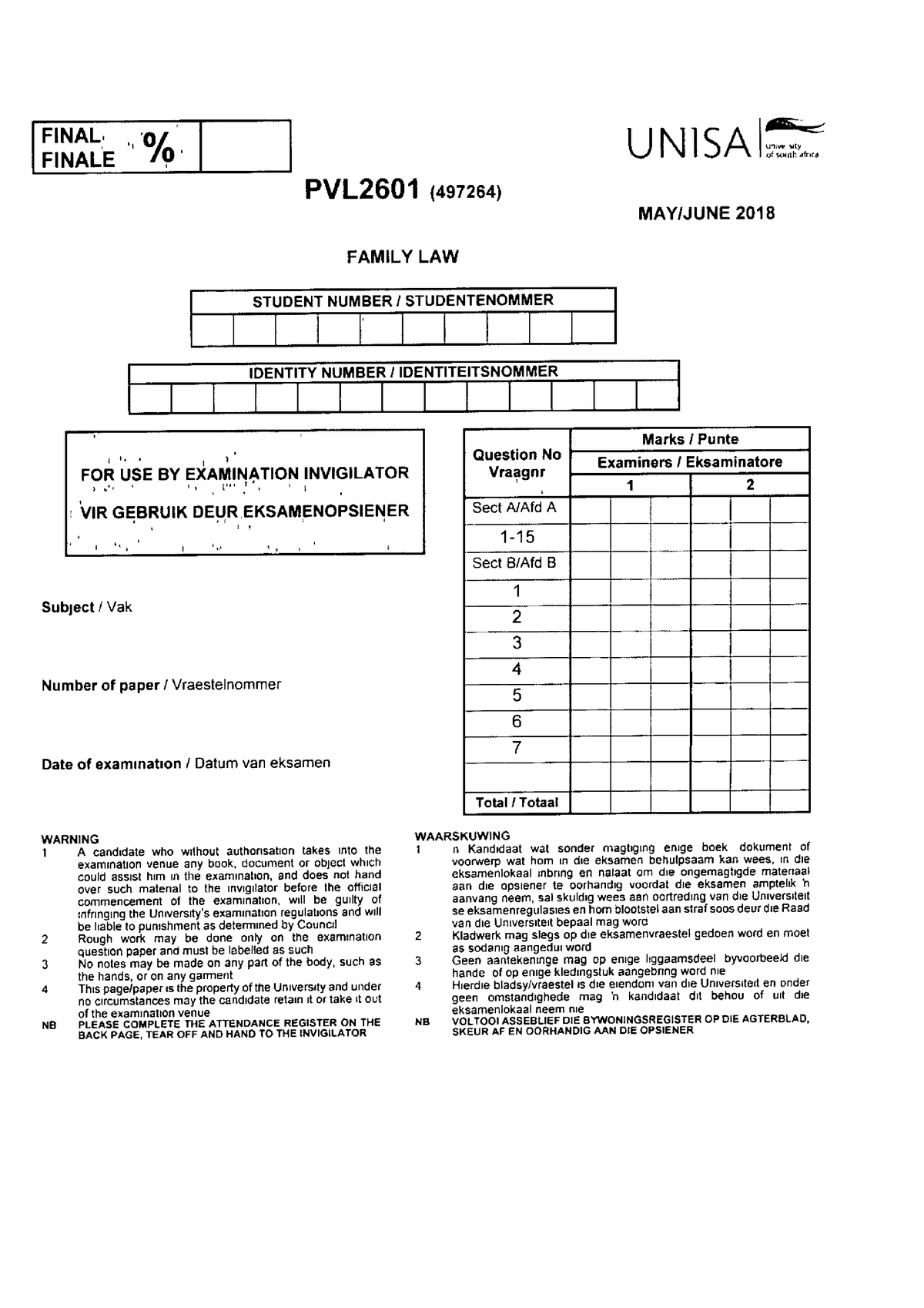 Exam 6 2018, questions - U'Itw uly of south since UNlSA MAYIJUNE 2018 Sns-Brigh10