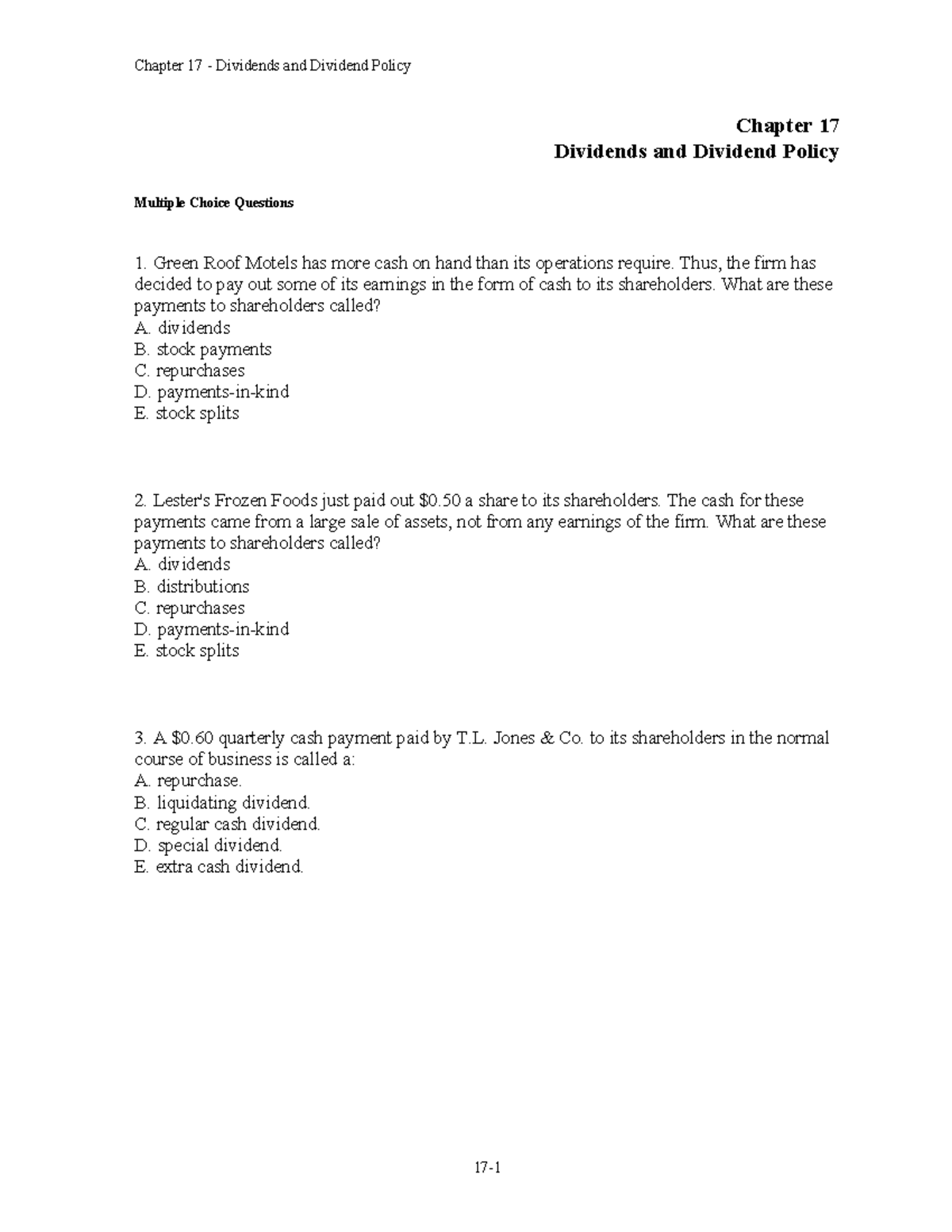 Chap017 - For FinanceWe - Chapter 17 Dividends And Dividend Policy ...