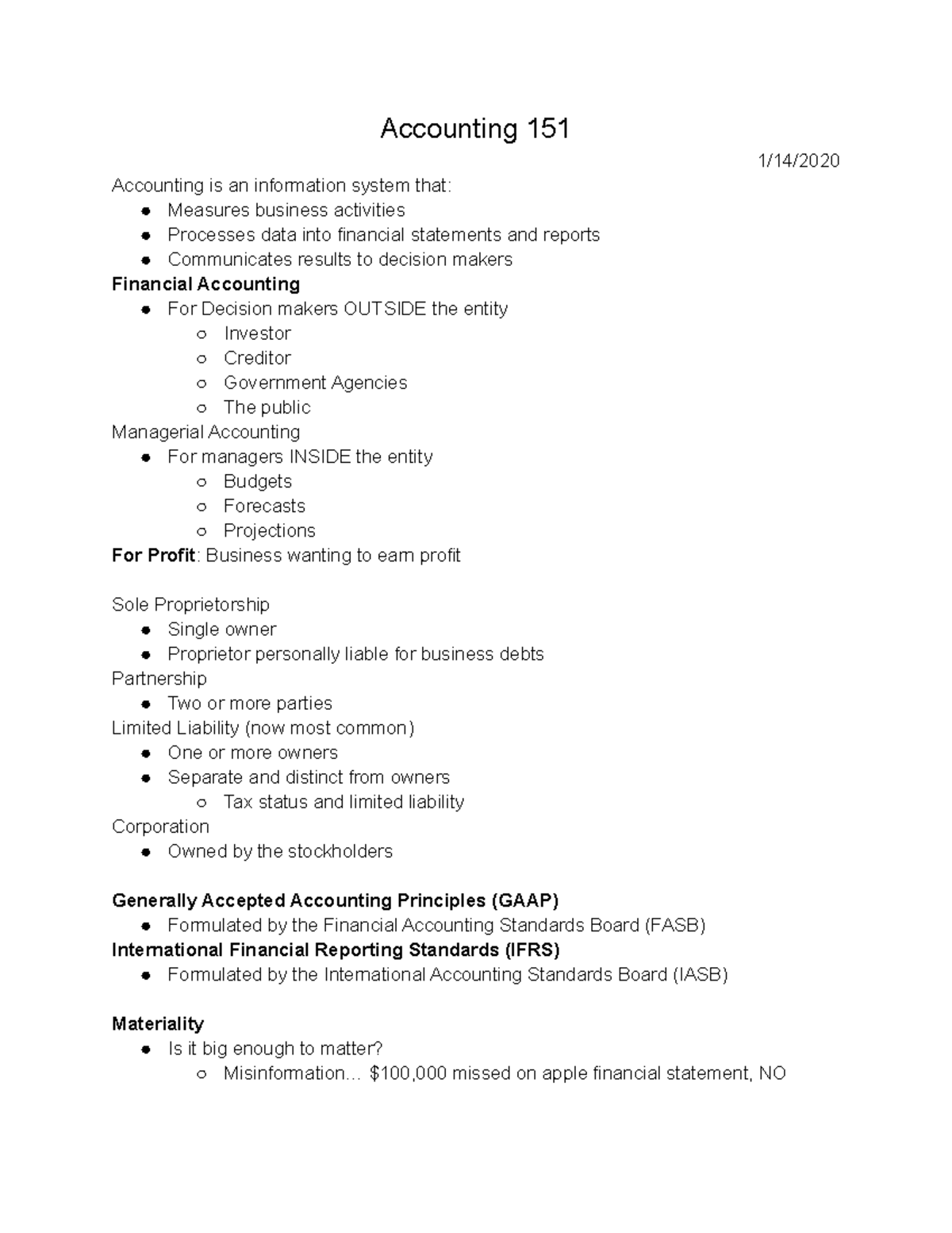 Accounting 151 Class Notes... Prof. Kukla - Accounting 151 1/14 ...