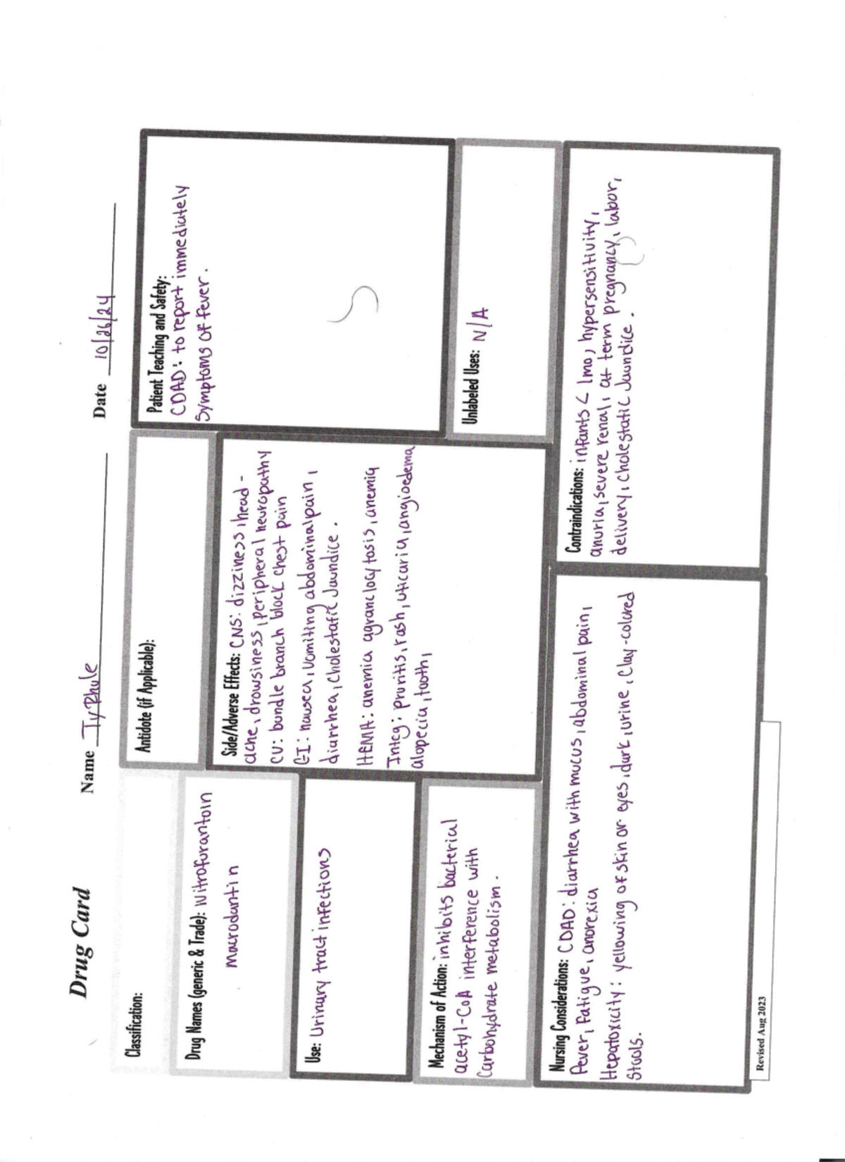 Drug Card Activity Drug Card Name TyRhule Date Classification