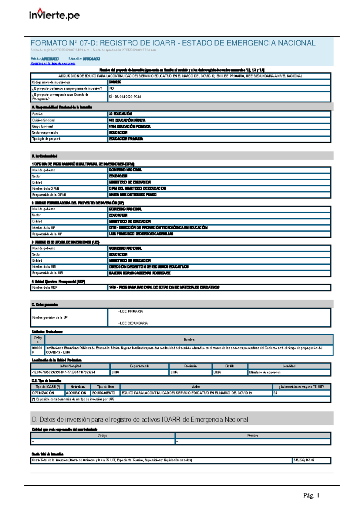 Practica calificada 2 - Nombre del proyecto de inversión (generada en ...