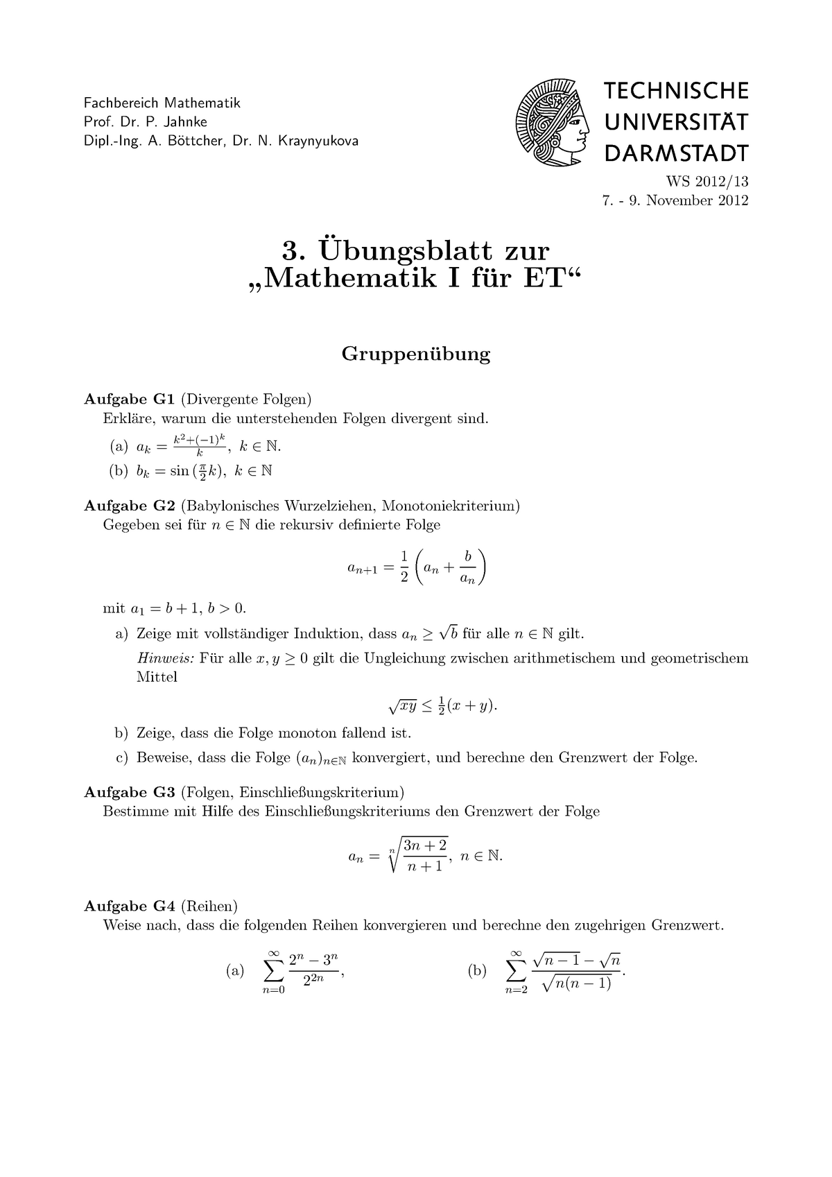 Uebungsblatt 03 - Wintersemester - Fachbereich Mathematik Prof. Dr. P ...