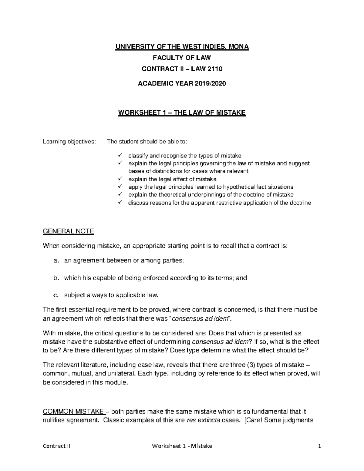 Contract II - Worksheet 1 - Mistake - 2023 - UNIVERSITY OF THE WEST ...