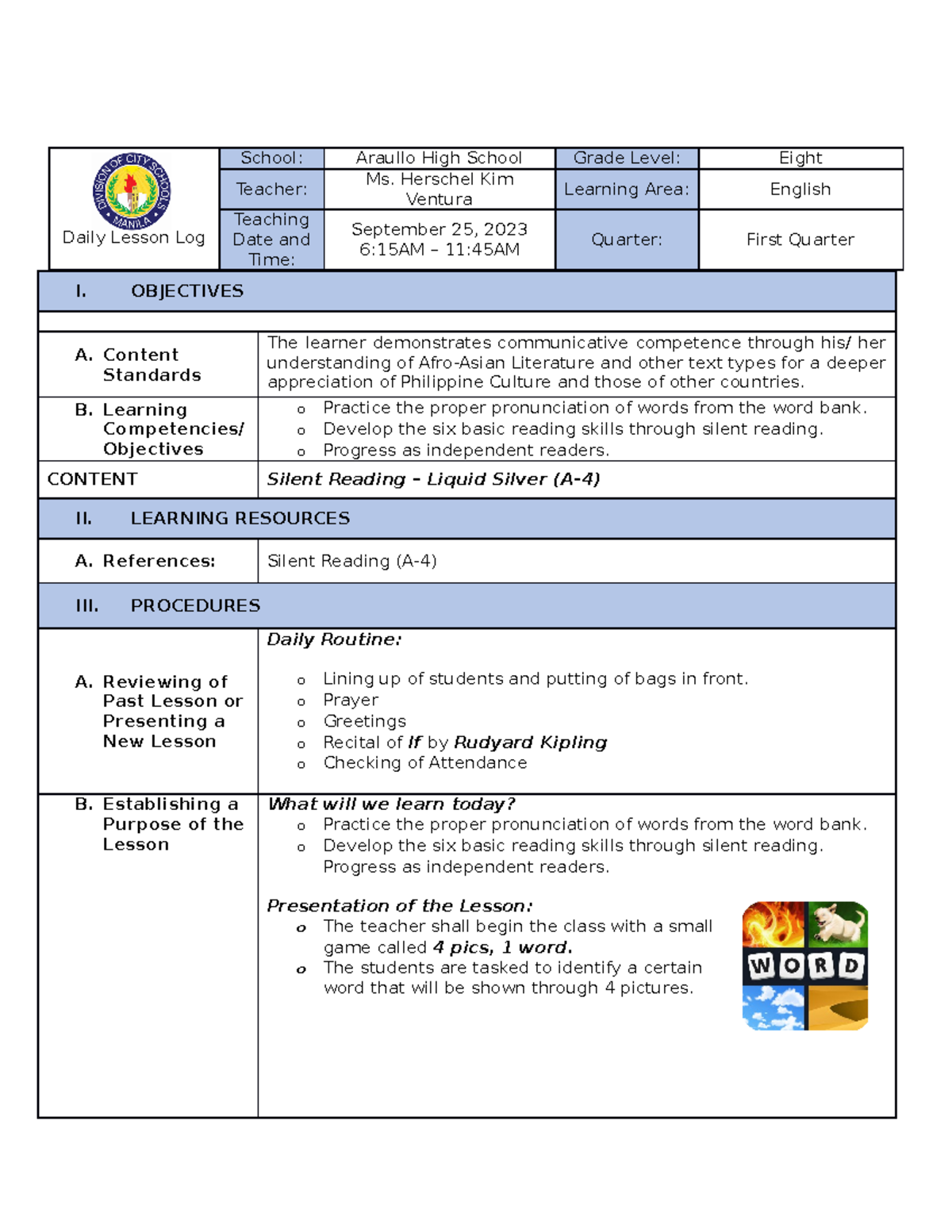 Silent Reading - Lesson Plan - Daily Lesson Log School: Araullo High ...