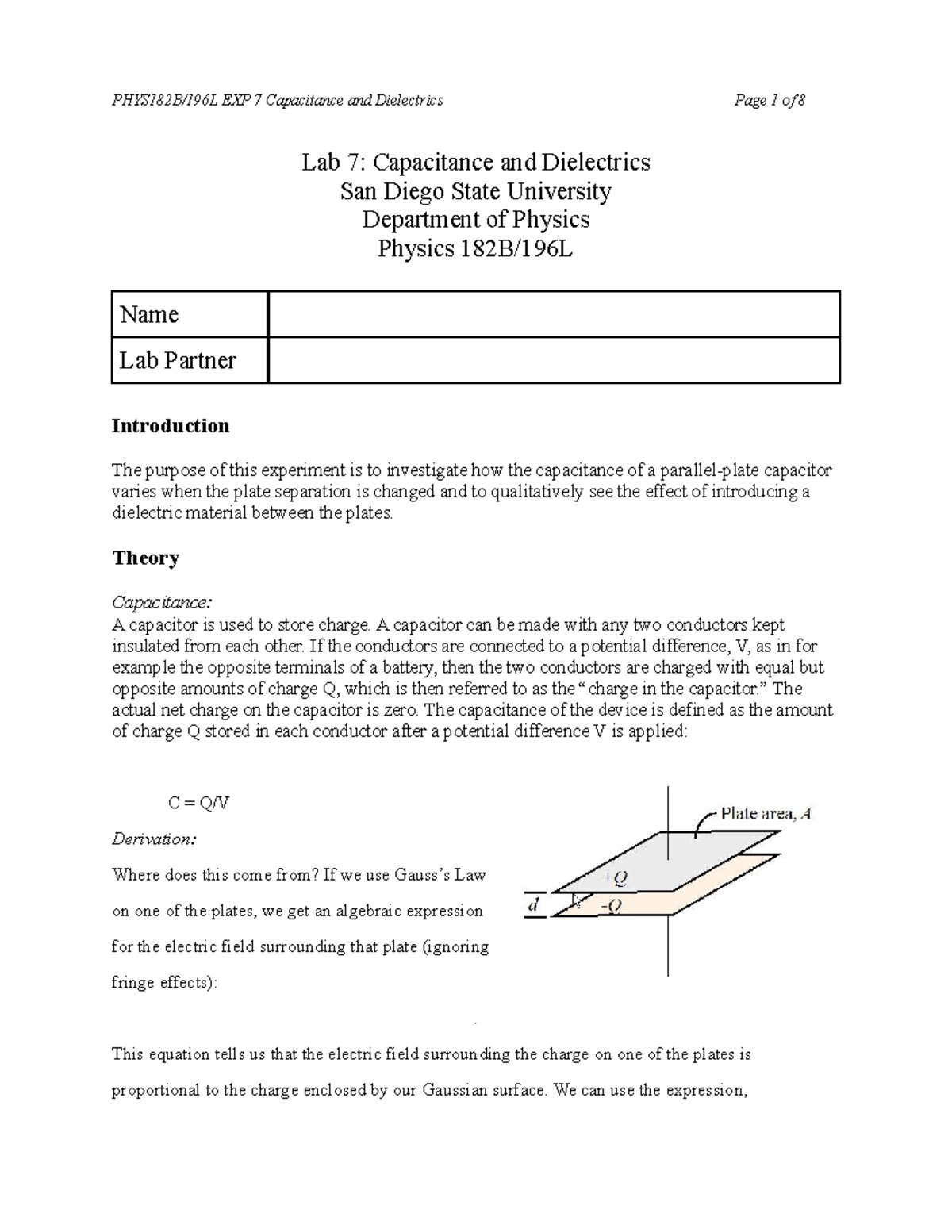 PHYS182b 196L EXP 7 Capacitance and Dielectrics1 Lab 7
