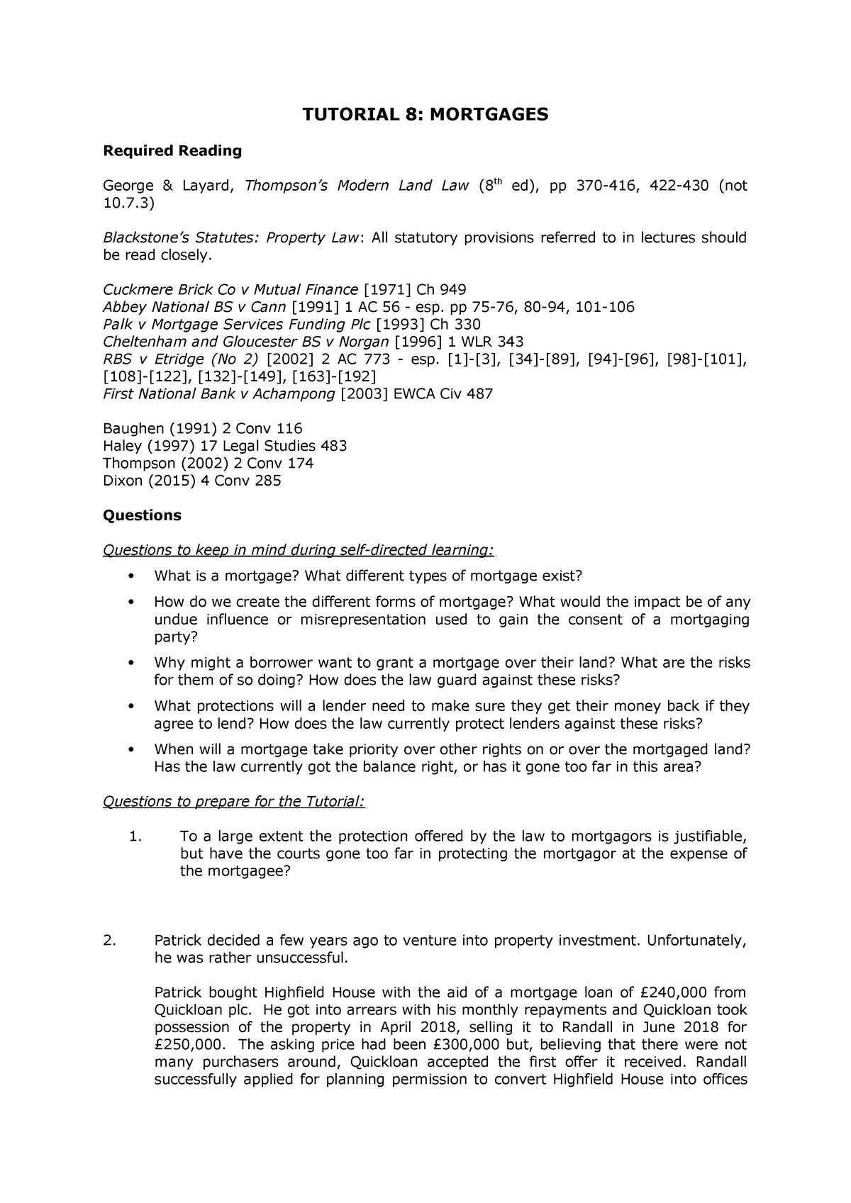 LAND TUT Mortgage - tutorial - TUTORIAL 8: MORTGAGES Required Reading ...