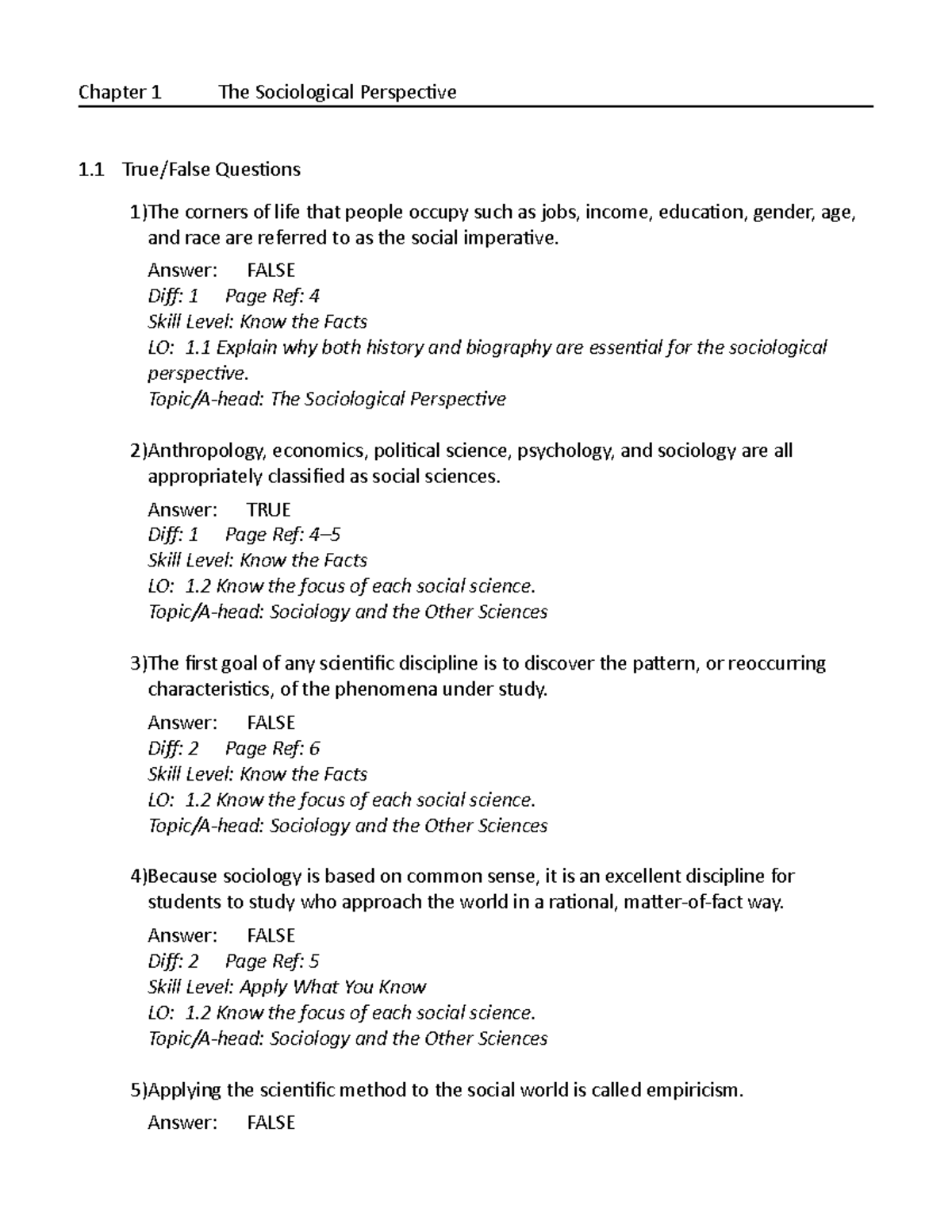 Sociology TEST Questions - Chapter 1 The Sociological Perspective 1 ...