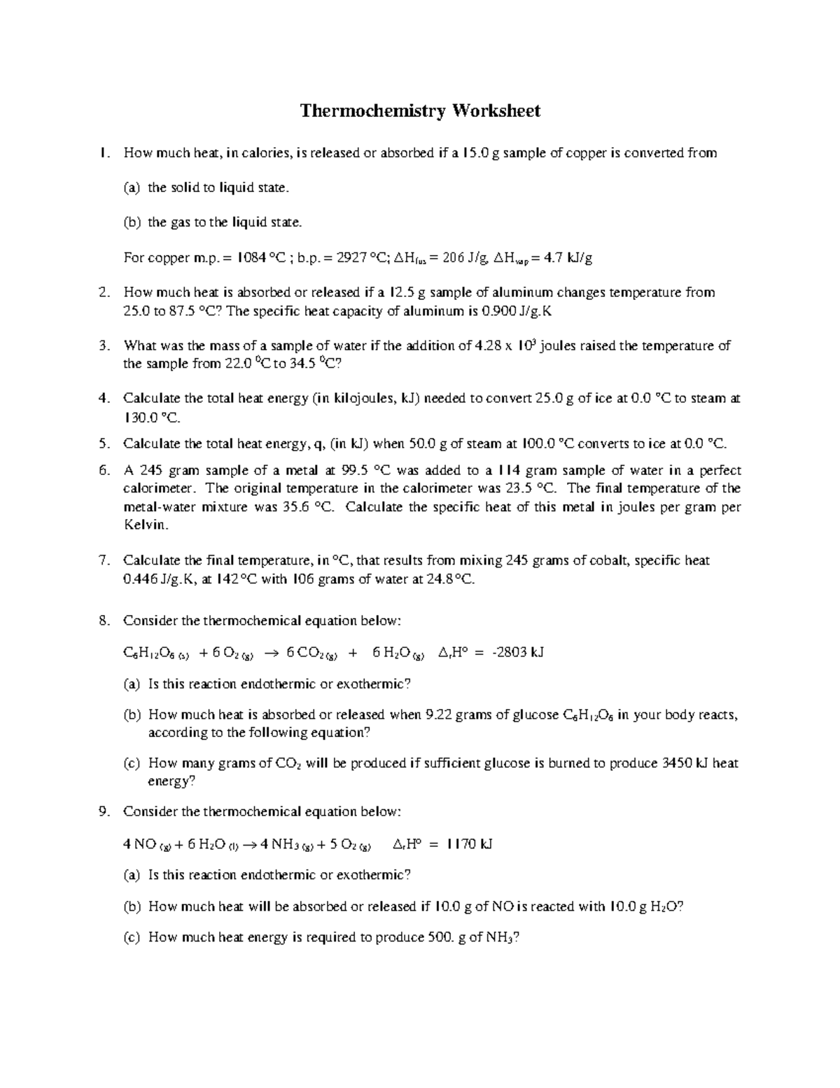 141 Thermochemistry worksheet - Thermochemistry Worksheet How much heat, in  calories, is released or - Studocu