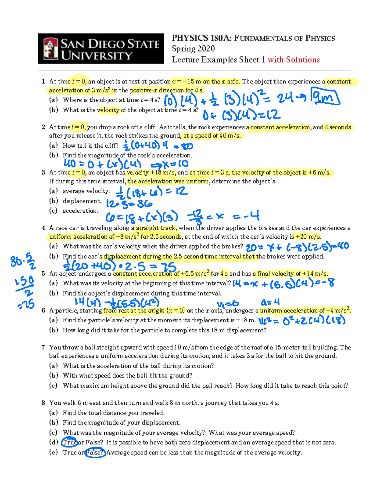 Lecture Sheet 1 - PHYSICS 180A: Fundamentals oF Physics Spring 2020 ...