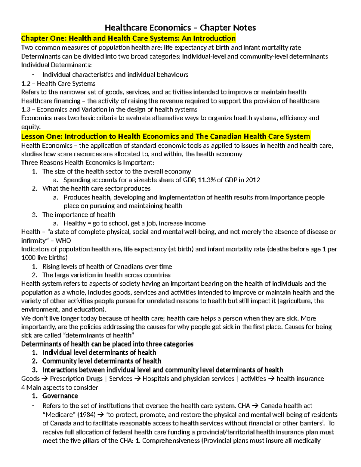 Healthcare Econ Notes-1 - Healthcare Economics – Chapter Notes Chapter ...