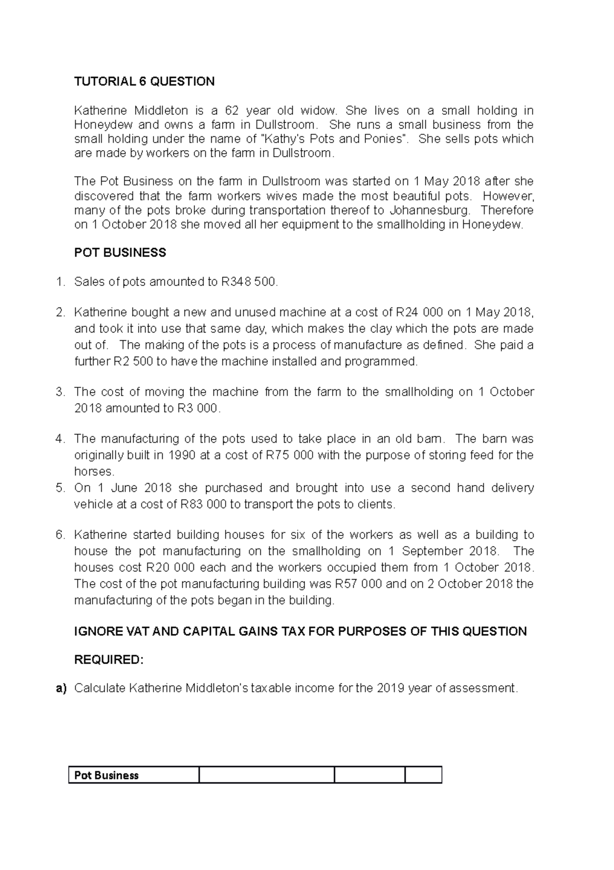 Capital Allowances 1 Practical example TUTORIAL 6 QUESTION Katherine Middleton is a 62 year