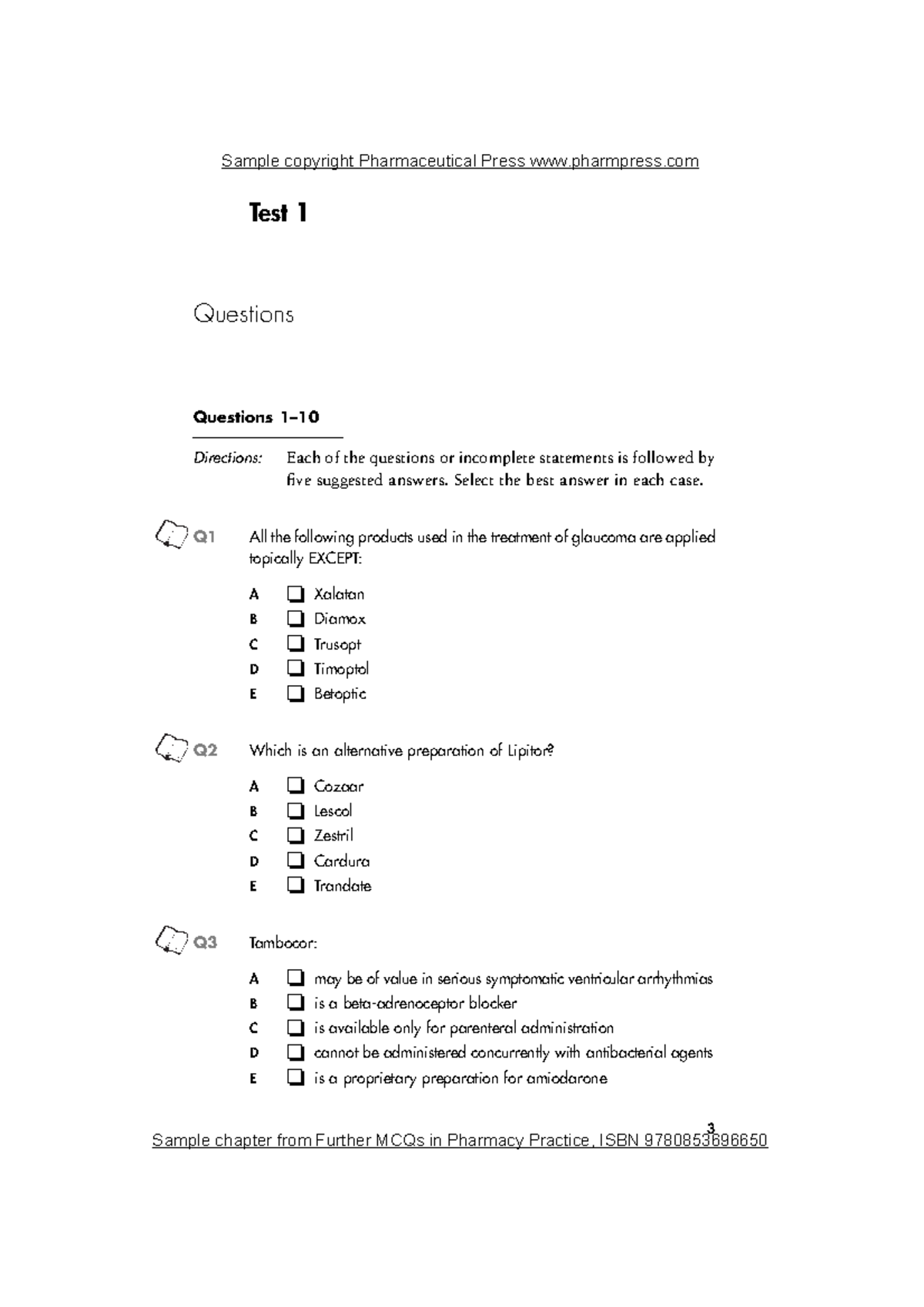Further MCQs in Pharmacy Practice Sample - Test 1 Questions Questions 1 ...