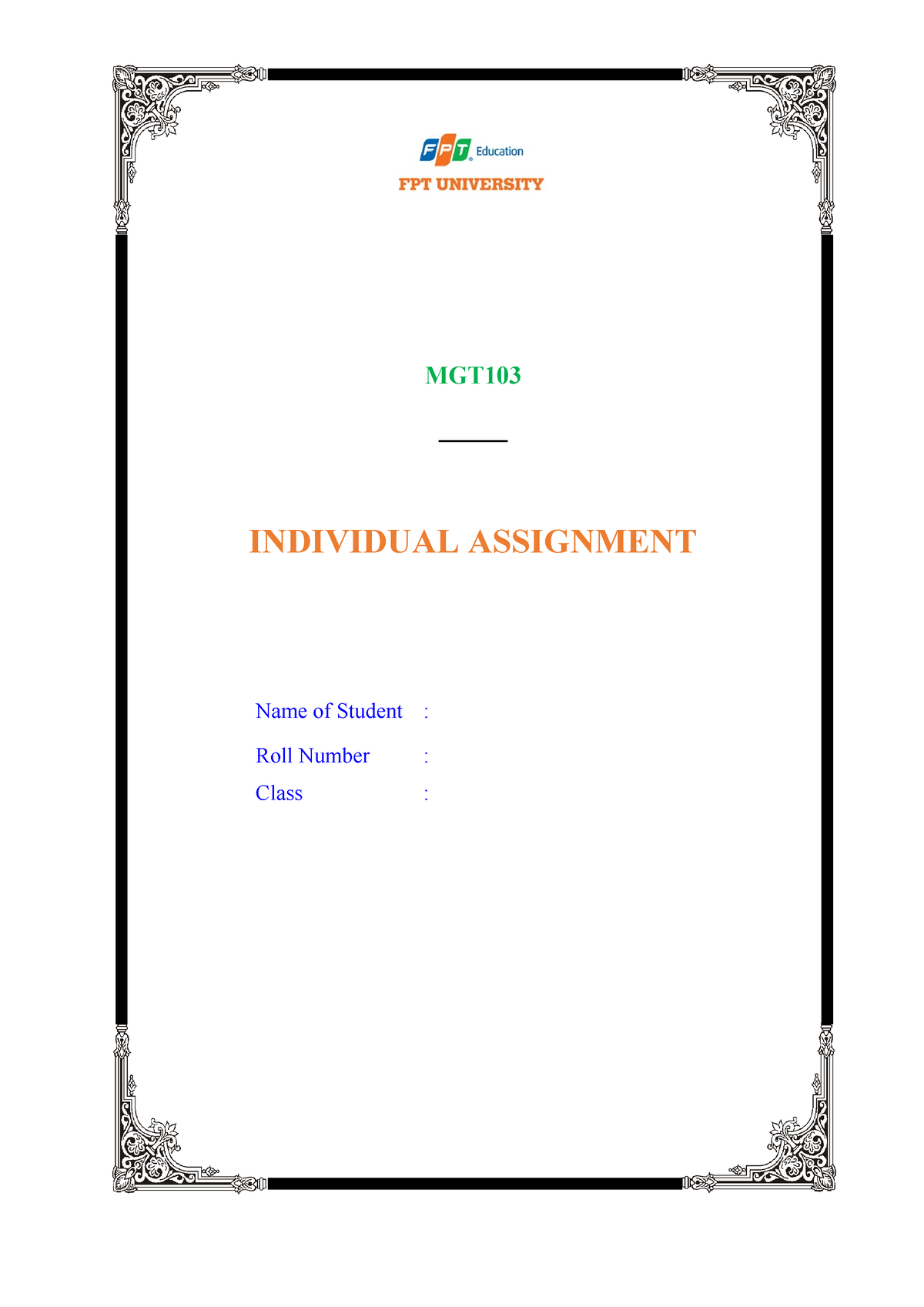 Topic and Form IA MGT103 - MGT ____ INDIVIDUAL ASSIGNMENT Name of ...