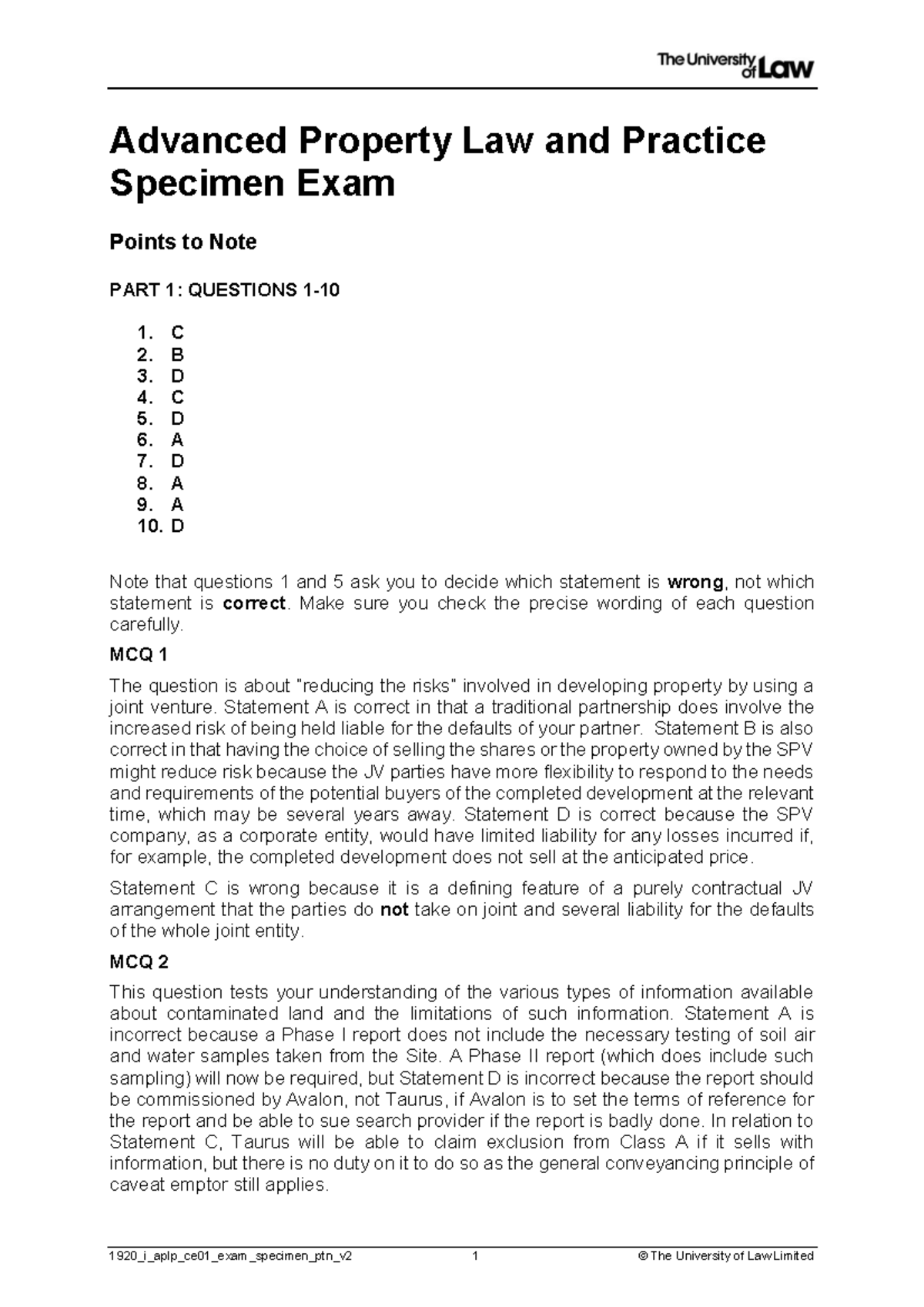 Advanced Property Law and Practice Specimen Exam Points to Note Studocu