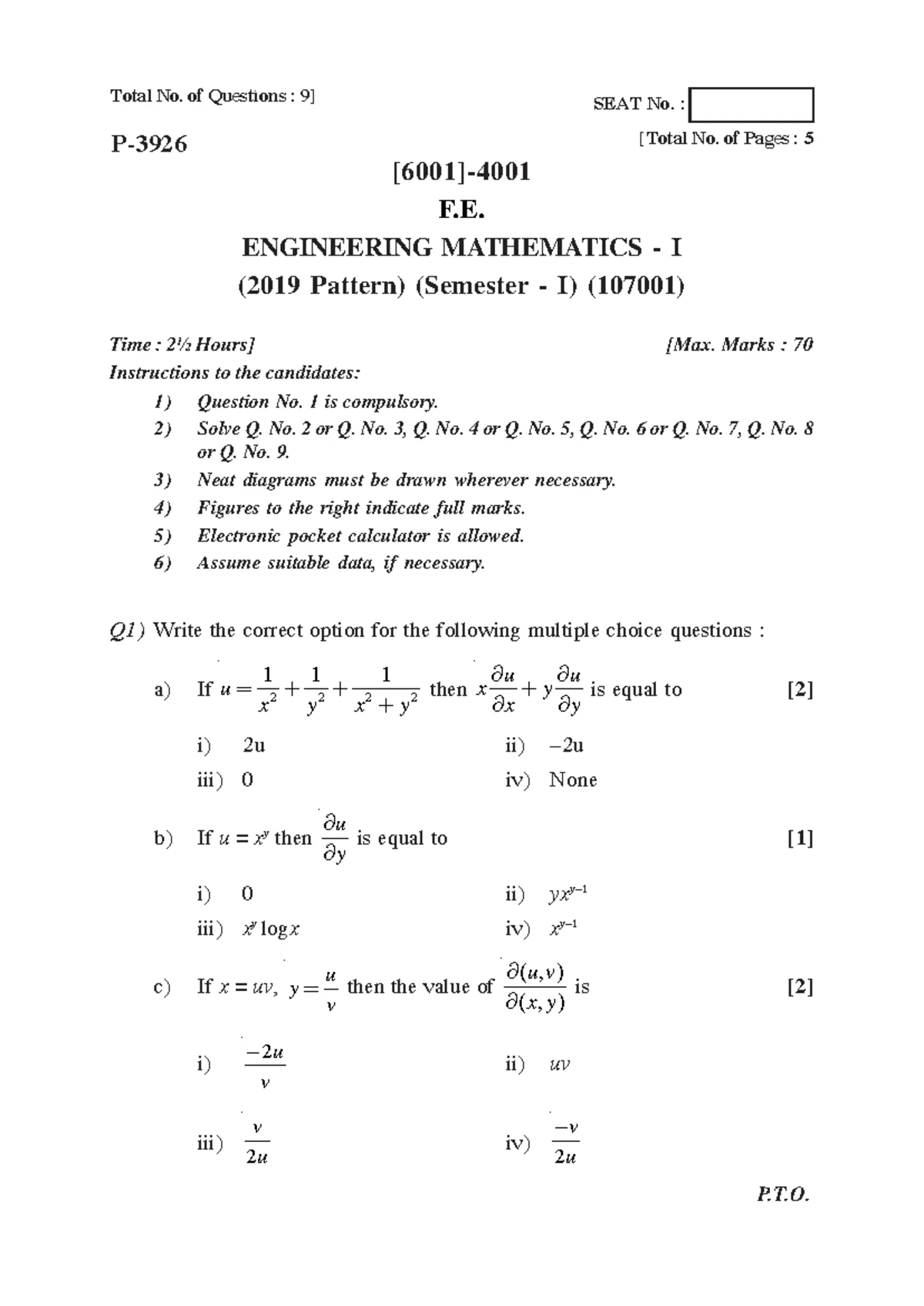 M2 Question Paper 2 - Q. If In f H. dr then obtain 0 relation between ...