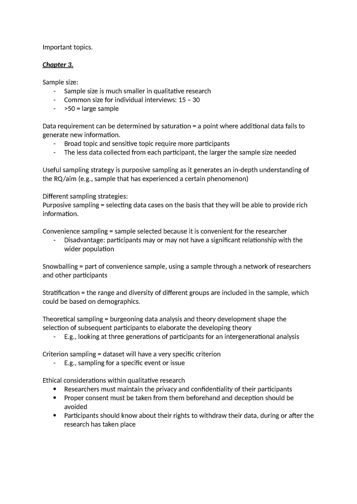 QR important topics - Important topics. Chapter 3. Sample size ...