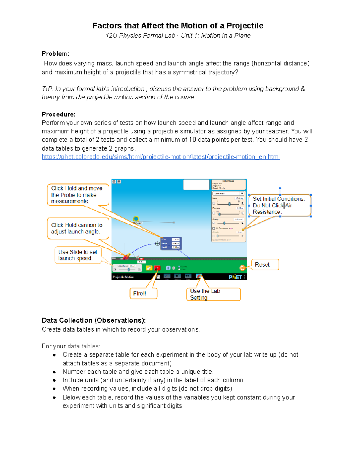SPH4U Lab Activity Factors that Affect the Motion of a Projectile