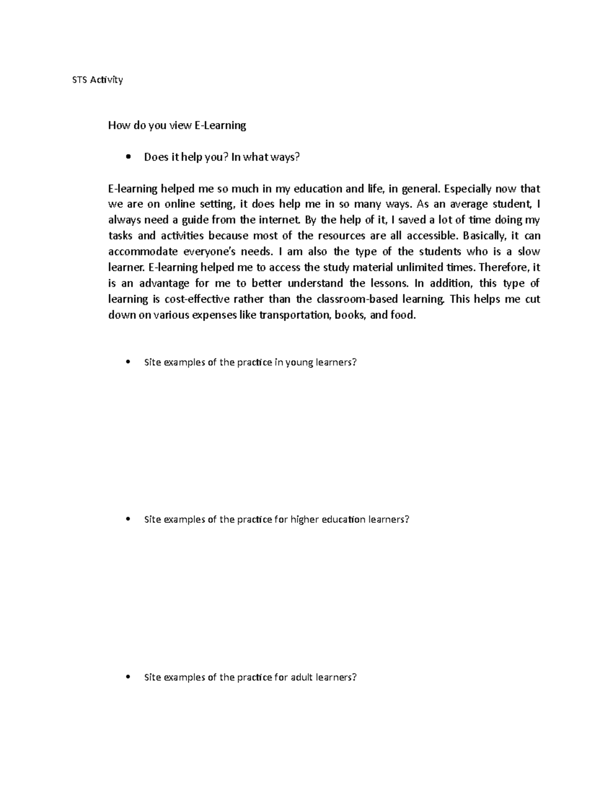 STS Activity - STS Activity How do you view E-Learning Does it help you ...
