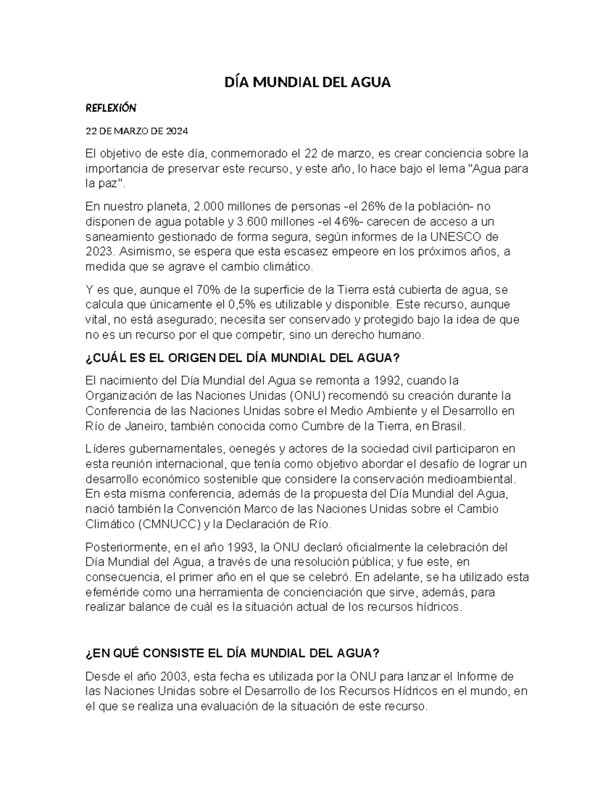 Dia mundial agua 2024 - DÍA MUNDIAL DEL AGUA REFLEXIÓN 22 DE MARZO DE ...