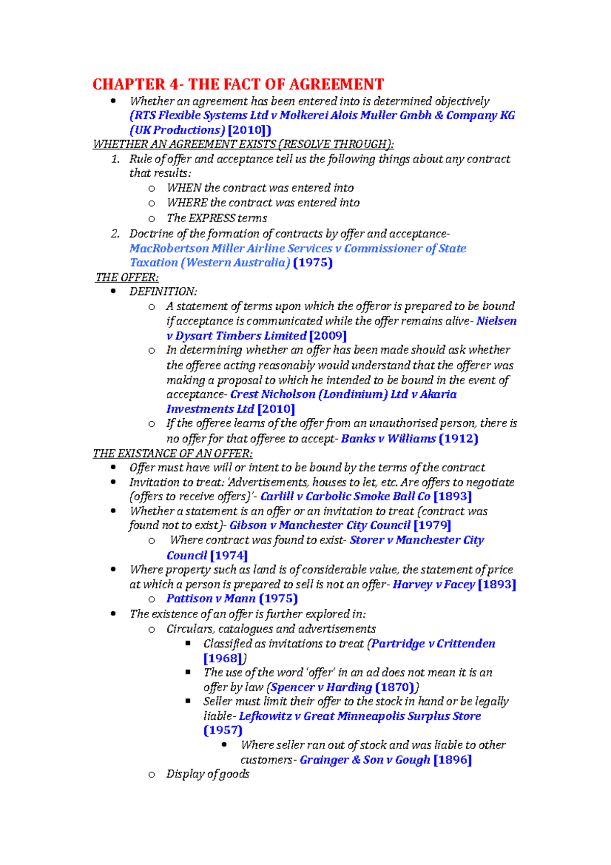 Contract A- Final Exam notes - CHAPTER 4- THE FACT OF AGREEMENT Whether ...