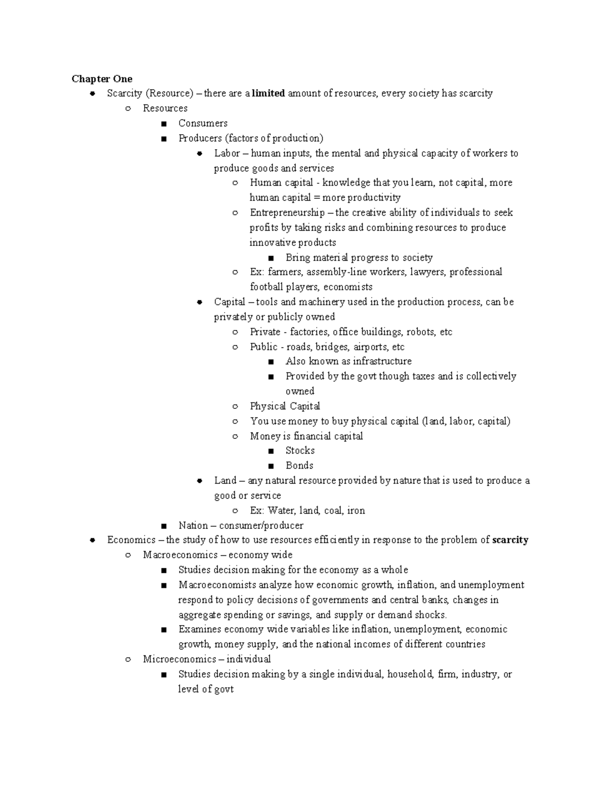 Econ Chapter 1 - Lecture notes 1 - Chapter One Scarcity (Resource ...