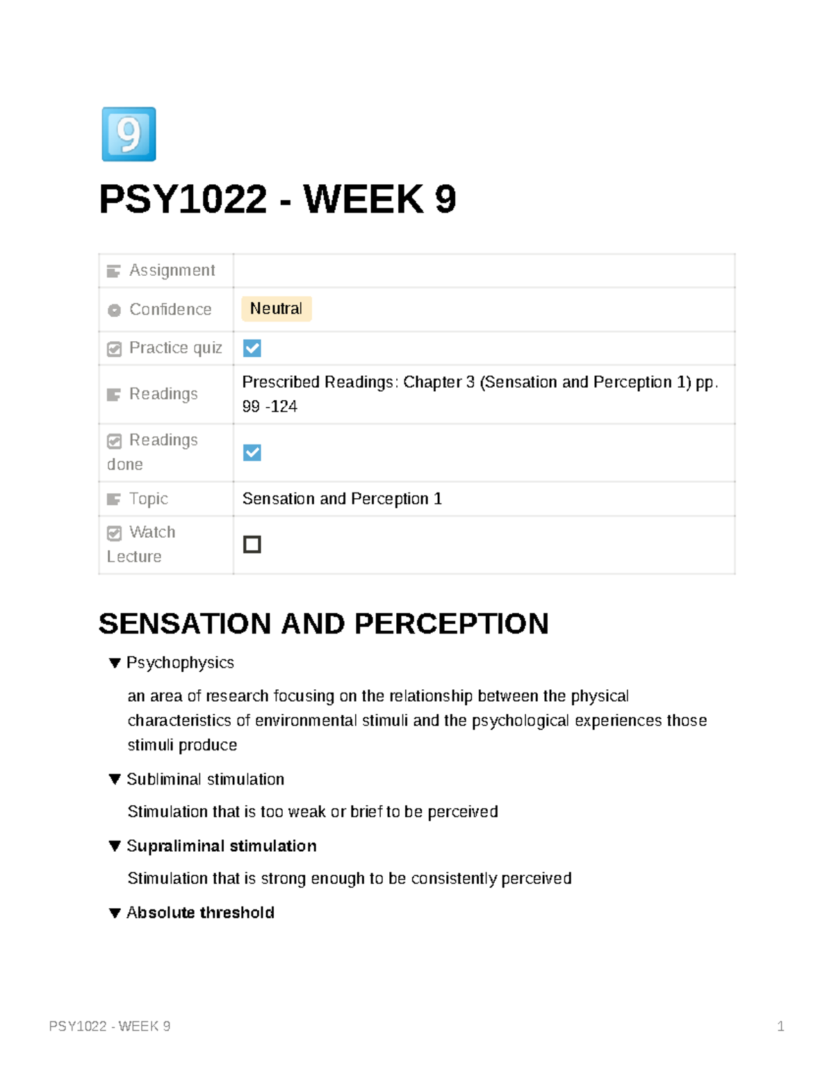 PSY1022 - WEEK 9 - full notes wk 9 - PSY1022 - WEEK 9 Assignment ...