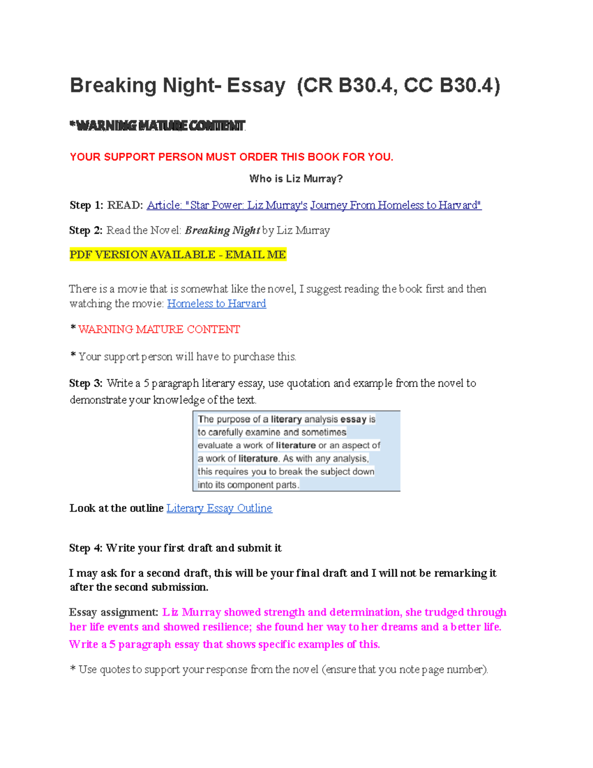 Breaking Night- Essay Outline - Breaking Night- Essay (CR B30, CC B30 ...