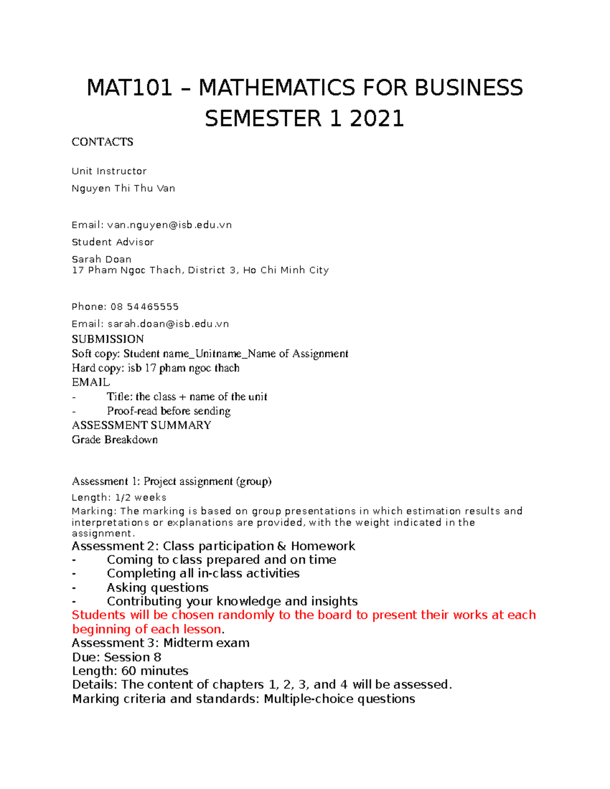 MB - ,k/n - MAT101 – MATHEMATICS FOR BUSINESS SEMESTER 1 2021 CONTACTS ...