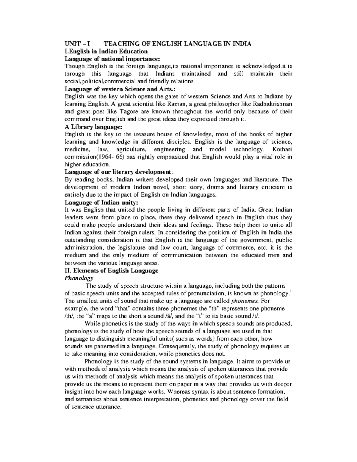 Pedagogy of English - UNIT – I TEACHING OF ENGLISH LANGUAGE IN INDIA I ...