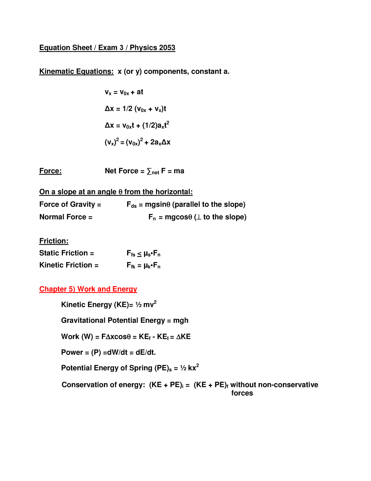 Exam 3 Equation Sheet Equation Sheet Exam 3 Physics 2053 Kinematic Equations X Or Y 3015